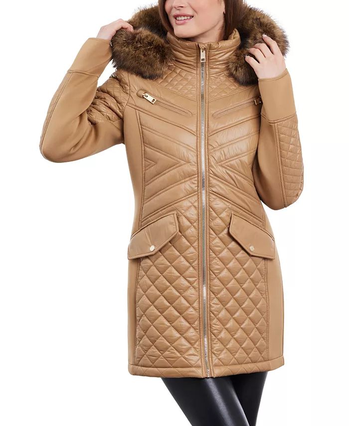 Michael Kors Women's Faux-Fur-Trim Hooded Quilted Coat - Macy's | Macys (US)