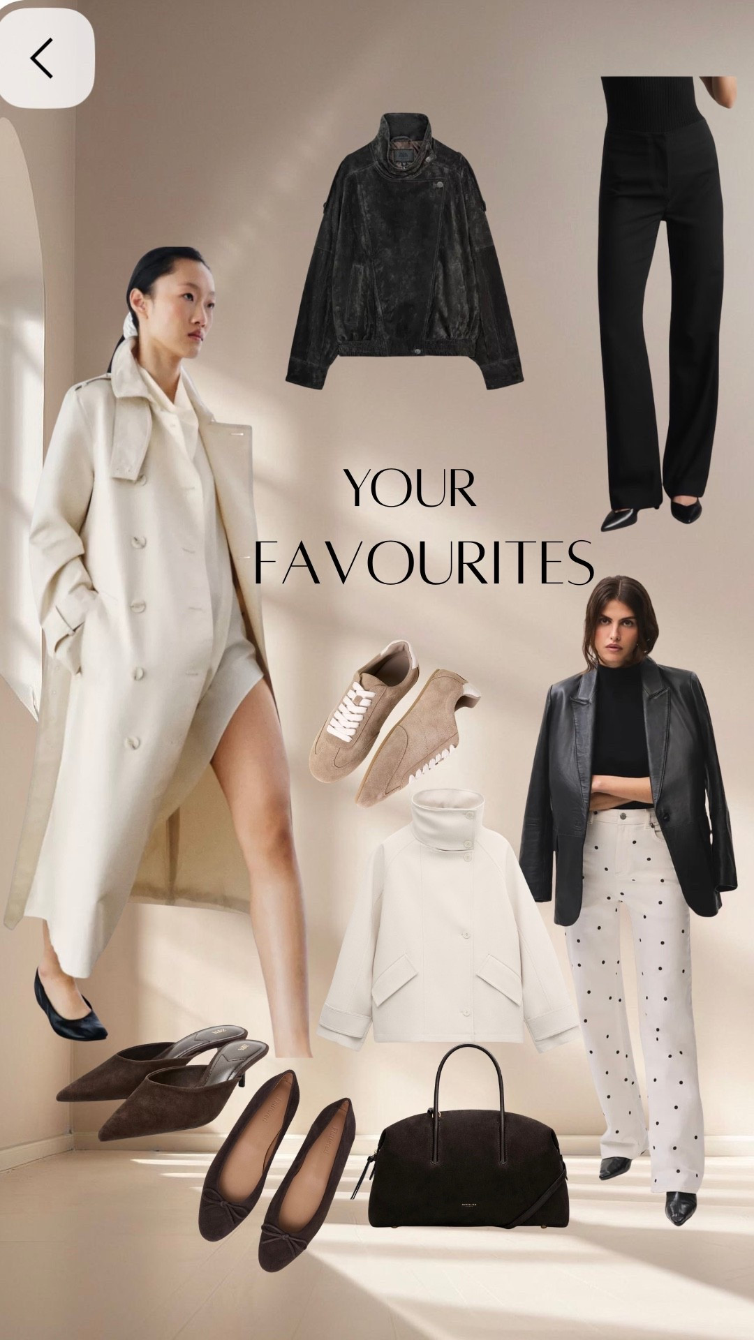 Your spring favourites. Smart black trousers, cream jeans, funnel neck jacket, trench coat, funnel neck trench coat, suede jacket, funnel neck suede jacket, dark brown suede bag, brown suede ballet flats, cream funnel neck jacket, slimline trainers

#LTKSeasonal #LTKOver40 #LTKootd
