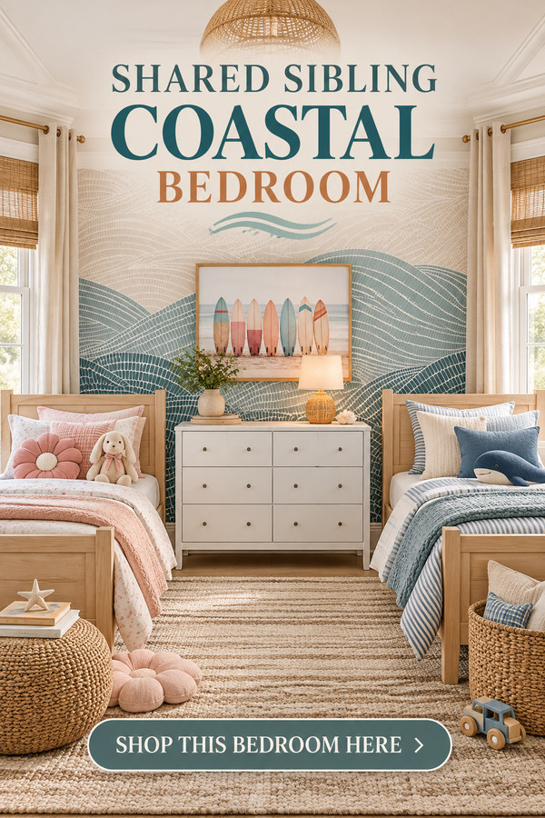 Create a dreamy shared sibling coastal bedroom perfect for a boy and girl