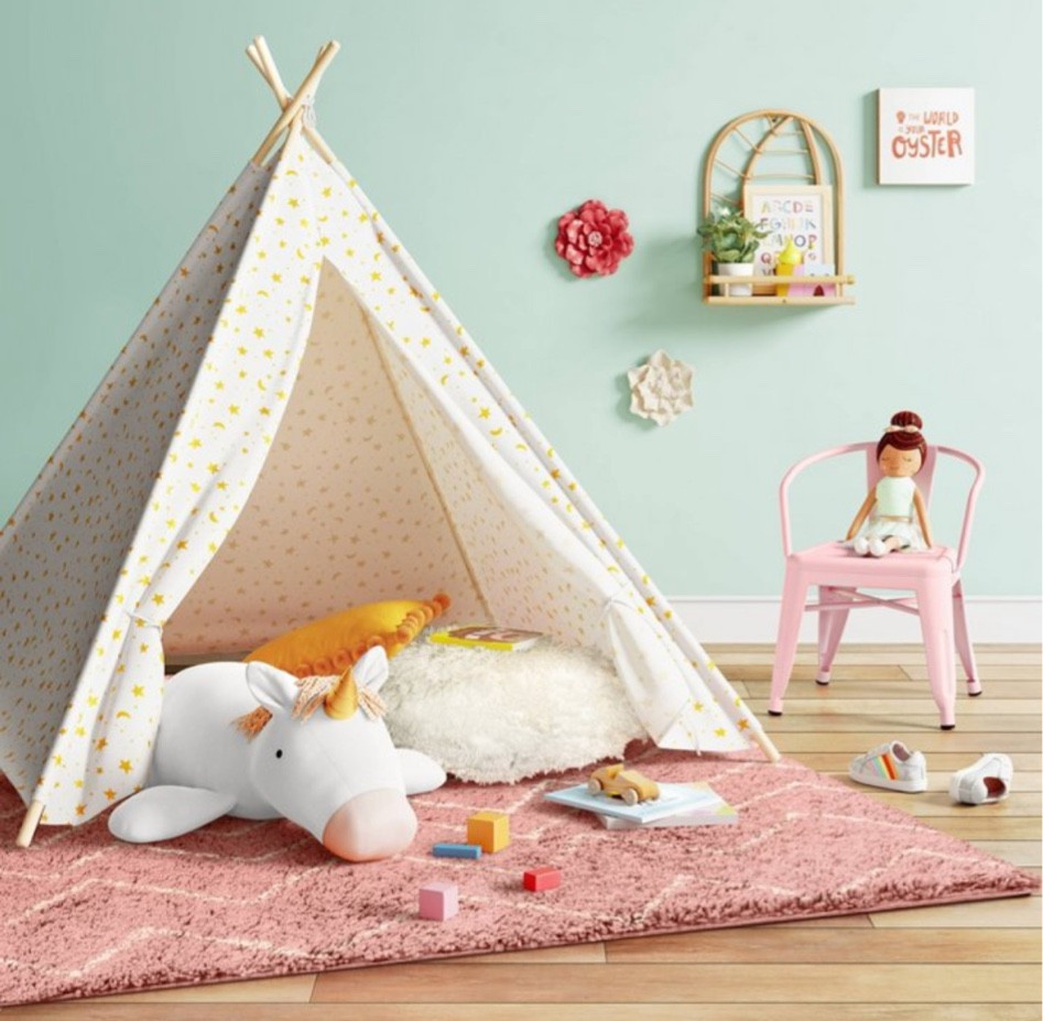 Pop Up Gold Star Play tent for playroom or kids room

Kids' star-print play tent offers a cozy spot for reading, playing or relaxing
•	Large front entrance for easy entry and exit
•	Ties at the front gives the option of leaving it open or closed
•	Allover gold foil star and moon prints bring sweet flair to their space
•	Suitable for ages 3+

#LTKHome #LTKKids #LTKFamily