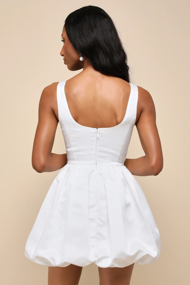 Regal Cutie White Satin Square Neck Bubble-Hem Mini Dress | Lulus