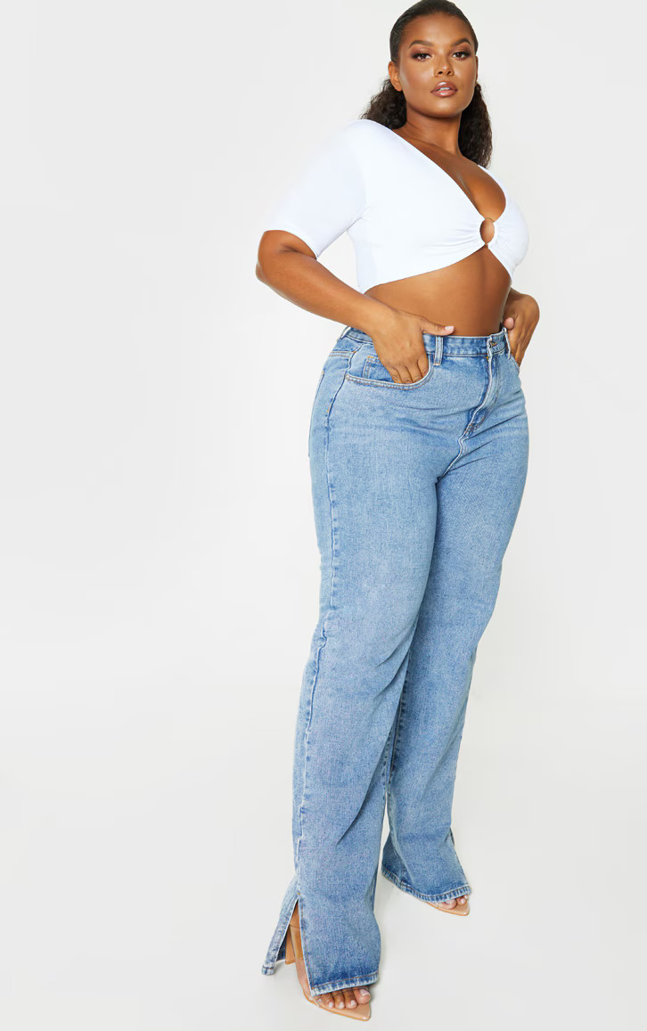 Plus Light Wash Split Hem Jean | PrettyLittleThing US