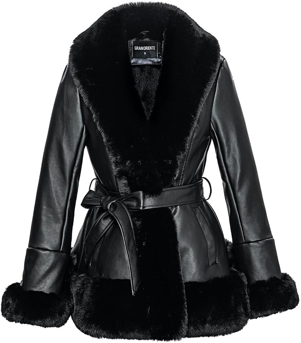 GRAN ORIENTE Women's Faux Leather Jacket with Faux Fur Collar, Winter Long Sleeve Furry Trim Pepl... | Amazon (US)