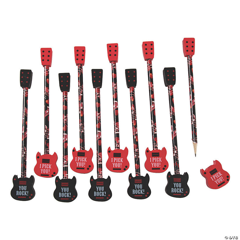 Valentine Guitar Pencils with Erasers - 24 Pc. | Oriental Trading Company