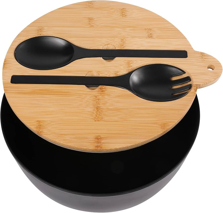 Salad Serving Bowl Set with Silicone Seal Bamboo Lid & Utensils, 125Oz, Bamboo Fiber Salad Bowl w... | Amazon (US)