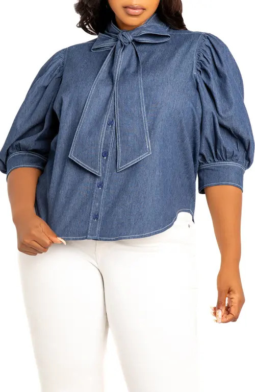 BUXOM COUTURE Bow Neck Denim Shirt in Denim Blue at Nordstrom, Size 3X | Nordstrom