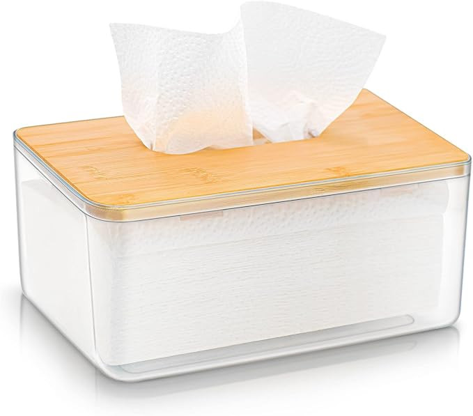 Clear Tissue Holder, Acrylic Dryer Sheet Dispenser Box with Bamboo Lid, Transparent Container, Mi... | Amazon (US)