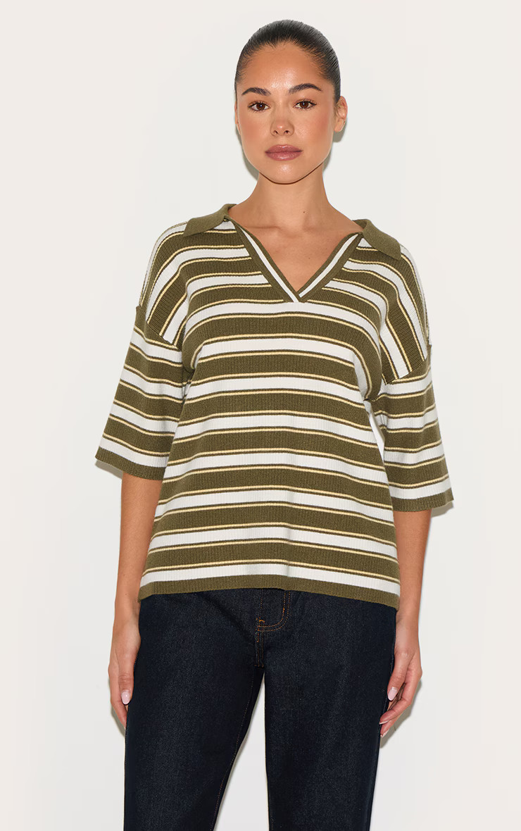 Khaki Stripe Soft Knit V Neck Collar Polo Top | PrettyLittleThing UK