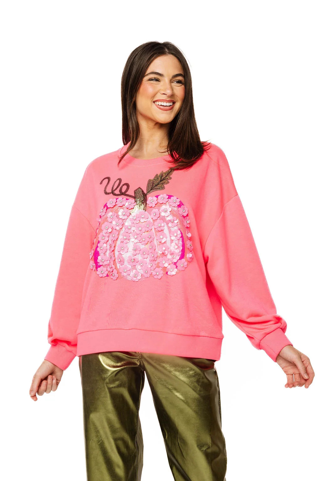 Neon Pink Flower Sequin Pumpkin Sweatshirt | Queen of Sparkles