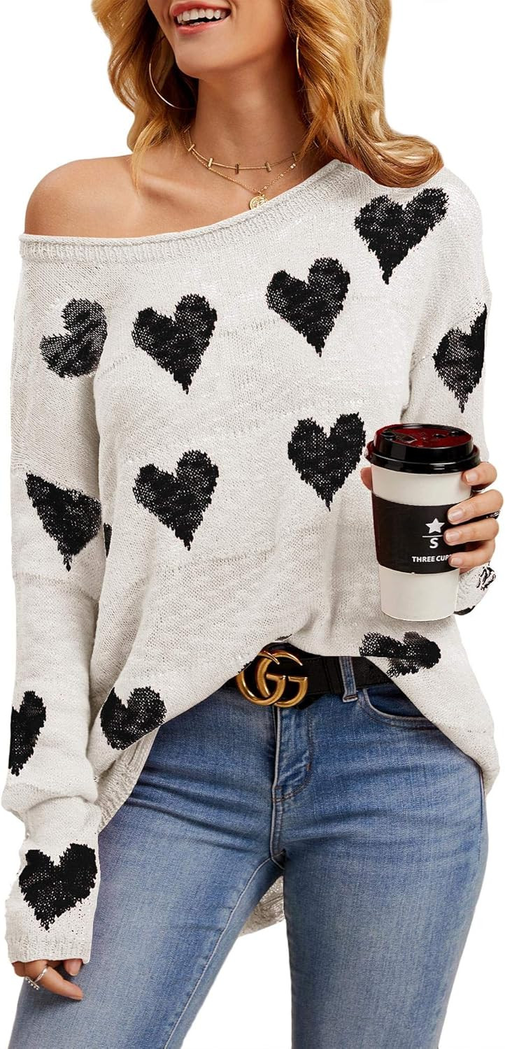 Tutorutor Womens Cute Love Heart Print Sweaters Oversized Off The Shoulder Loose Knitted Valentin... | Amazon (US)