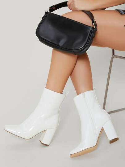 Vegan Patent Leather High Block Heel Ankle Boots | SHEIN