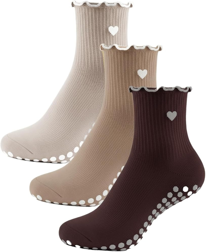 3 Pair Heart Ruffle Non Slip Socks for Women - Cute Pilates Grew Socks with Grips, Anti-Slip Yoga... | Amazon (US)
