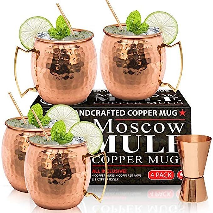 Moscow Mule Copper Mugs - Set of 4-100% HANDCRAFTED - Food Safe Pure Solid Copper Mugs - 16 oz Gift  | Amazon (US)