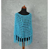 Neon Blue Summer Crochet Cotton Poncho, Summer Lace Cape Friend Gift, Boho Fringe Poncho Beach Cover Up | Etsy (US)