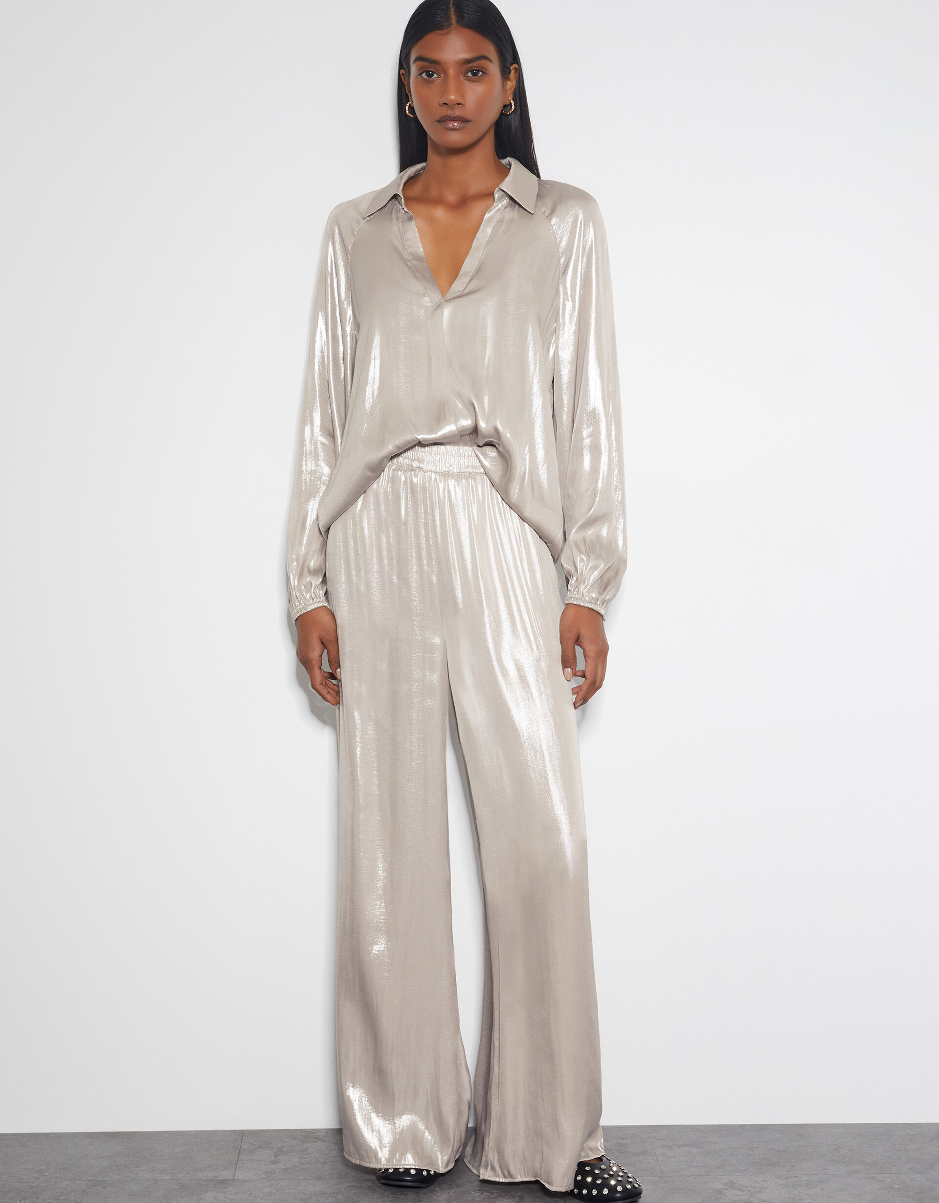 Lillie Metallic Wide Leg Trousers Natural | Monsoon (UK)