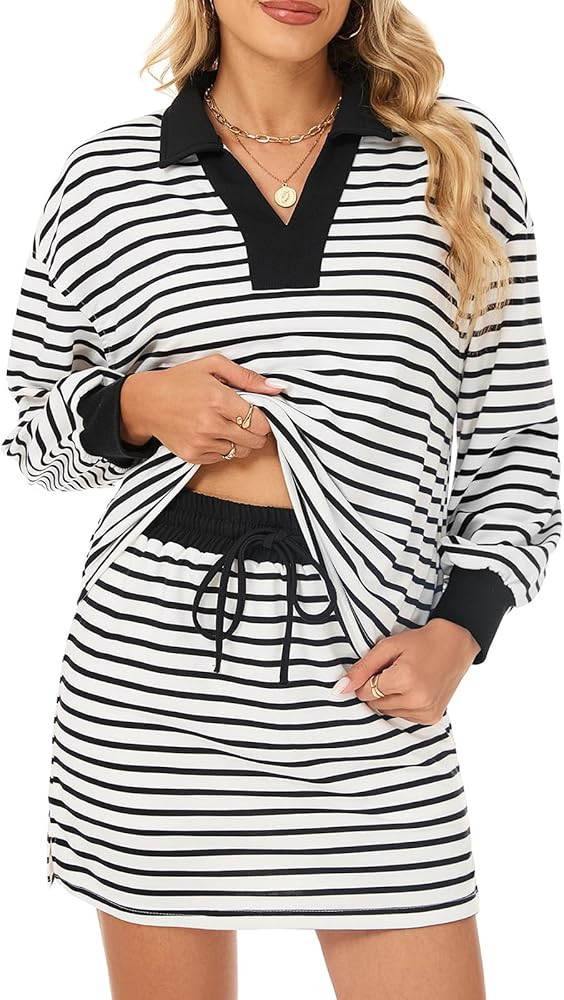 Womens Striped 2 Piece Outfits Long Sleeve Sweatshirt Skirt Sets V Neck Lounge Sets | Amazon (US)