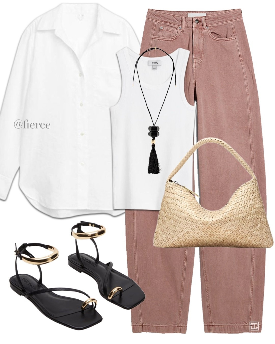 Pink jeans white linen shirt gold detail sandals beige woven bag tassel necklace 

#LTKspring #LTKuk #LTKeurope