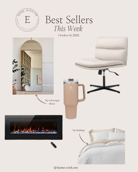 Here is are the best selling furniture and decor items from all my posts this week! Full length arched mirror, comfy neutral office chair, electric fireplace insert, insulated Stanley tumbler cup in the color driftwood, white bedding, white duvet

#LTKstyletip #LTKsalealert #LTKhome