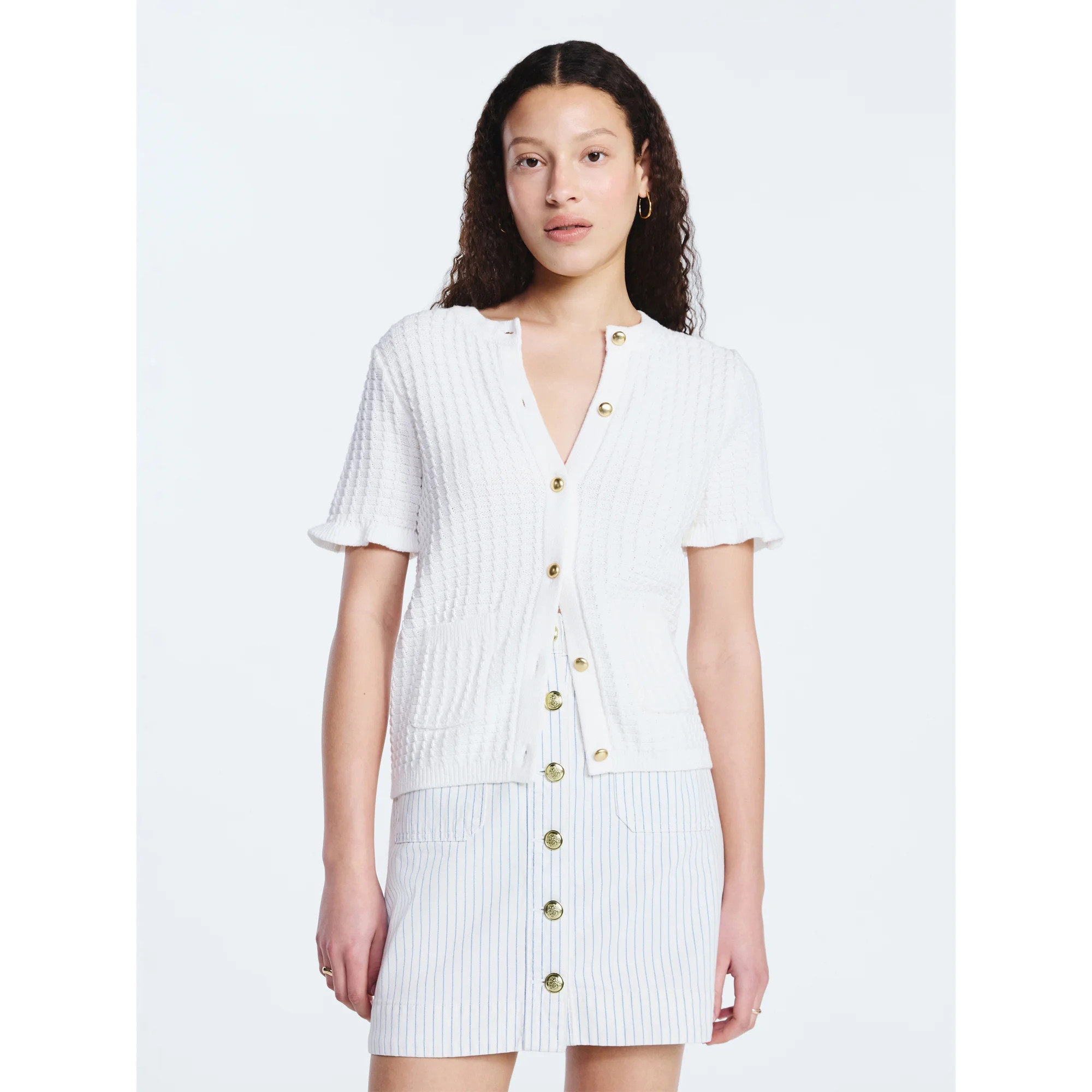 Free Assembly Women's Cotton Basketweave Cardigan Sweater with Short Ruffle Sleeves, Lightweight,... | Walmart (US)