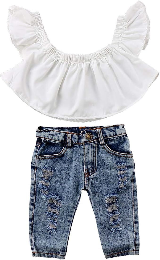 Baby Girl Outfits Off Shoulder Ruffle Blouse Crop Tops+Bell Bottom Pants Ripped Denim Jeans Headb... | Amazon (US)