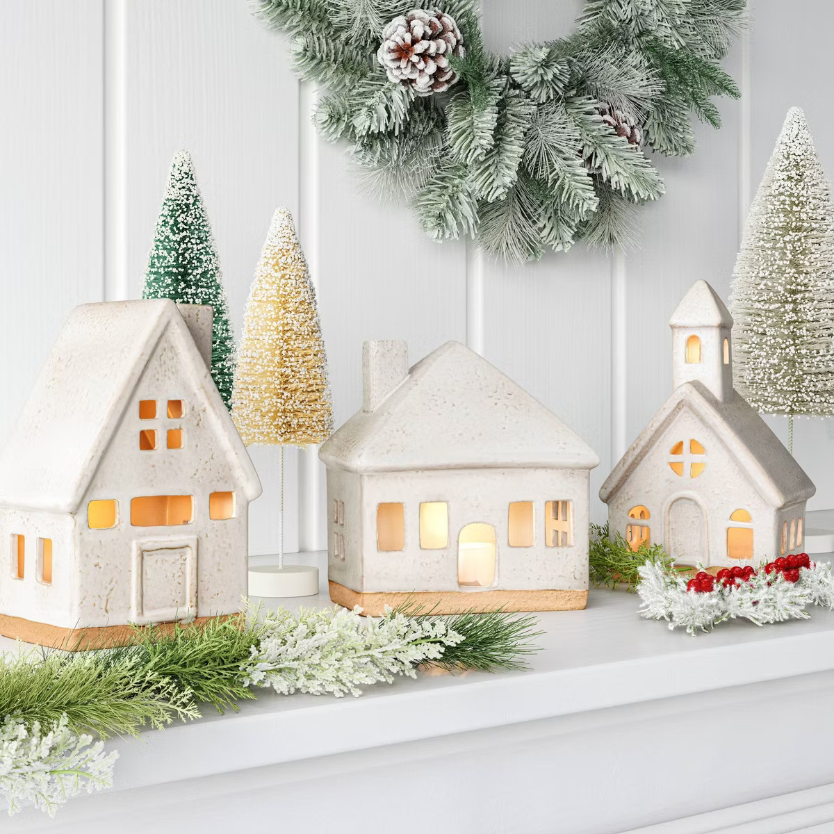 3pc Lit Ceramic Buildings Decorative Christmas Figurine Set - Wondershop™ White | Target