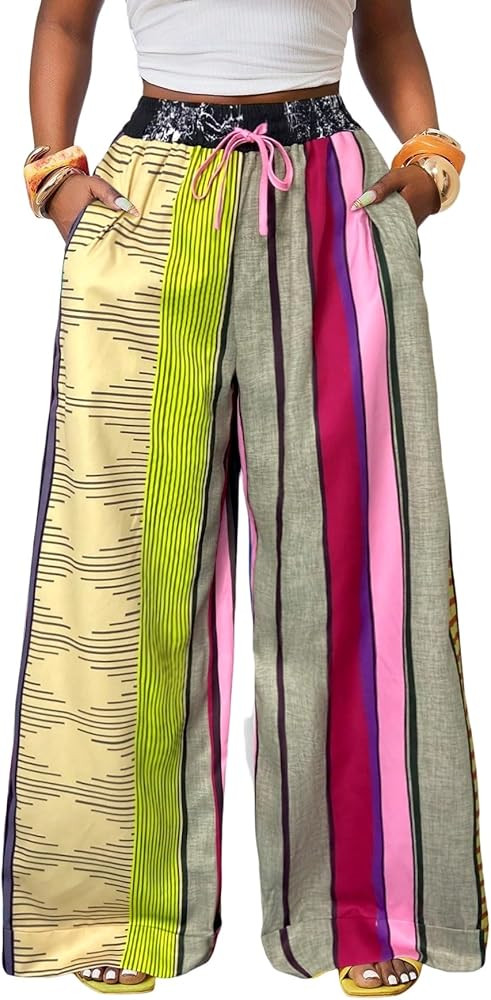 ZAFUL Casual Pants for Women, Color Blocked Loose Oversized Pants Retro Printed Stripe Straight L... | Amazon (US)