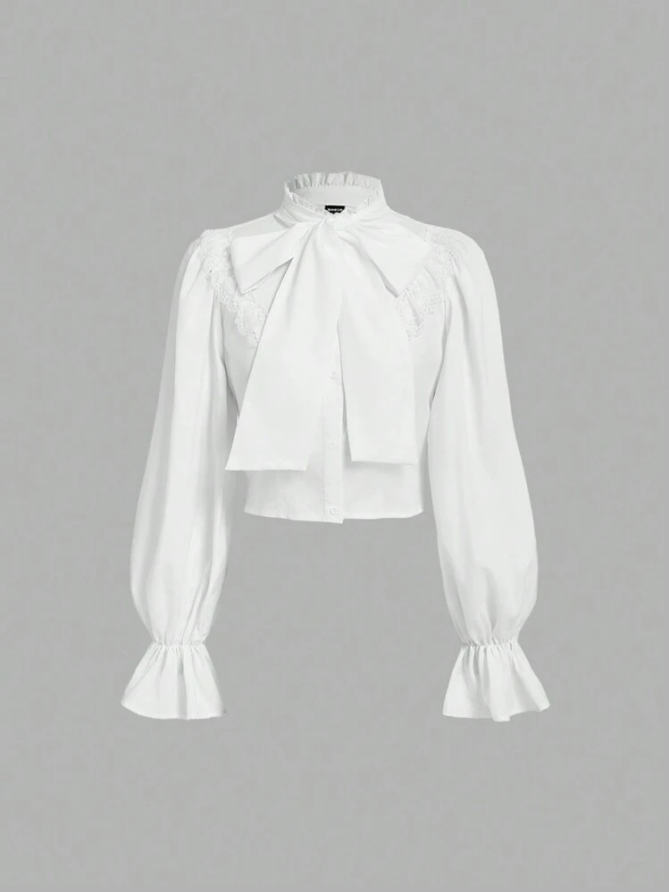 SHEIN MOD White Ruffled Long-Sleeved Blouse With Big Bow,Long Sleeve Tops | SHEIN