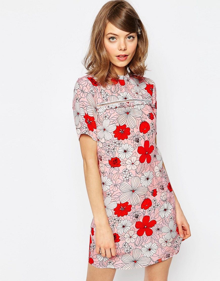 ASOS Shift Dress In Poppy Floral Print With Ladder Trim | ASOS US