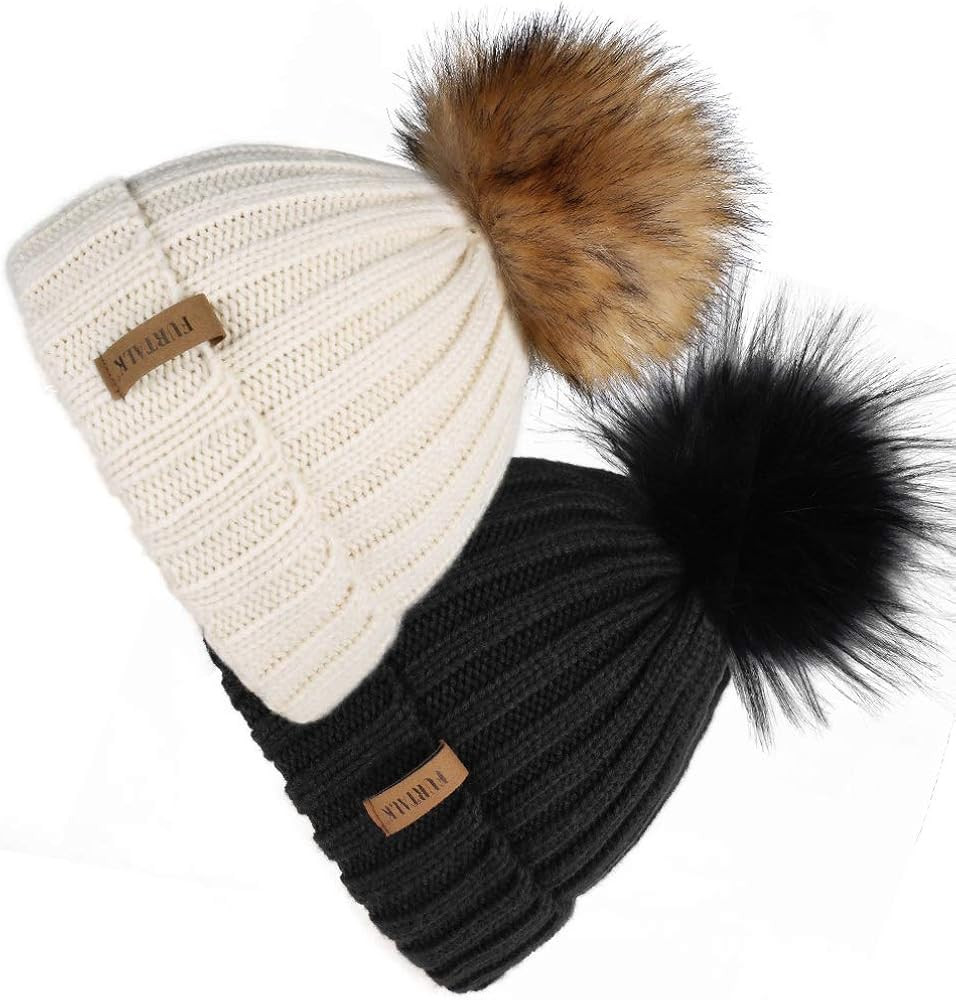 FURTALK Womens Winter Knitted Beanie Hat with Faux Fur Pom 2 Packs Warm Knit Skull Cap Beanie for Wo | Amazon (US)