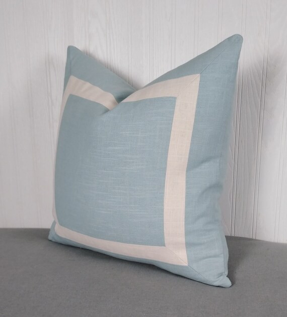 Light Blue White or Ivory Pillow Cover Mitered Band Sky Blue Soft Blue Baby Blue Linen Blend 20x2... | Etsy (US)