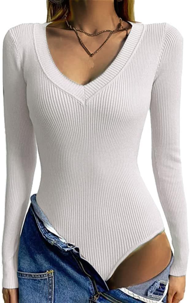 GEMBERA Women's Long Sleeve V Neck Ribbed Knit Stretchy Bodycon Bodysuit Basic Leotard Cotton Lig... | Amazon (US)