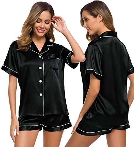 SWOMOG Womens Silk Satin Pajamas Set Two-piece Pj Sets Sleepwear Loungewear Button-Down Pj Sets Black | Amazon (US)