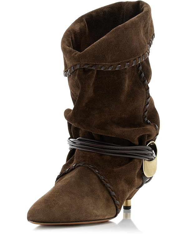 Womens Black Solid Slouchy Boots 2025 Ruched Mid Calf Kitten Heel Pointed Toe Pull On Boots | Amazon (US)