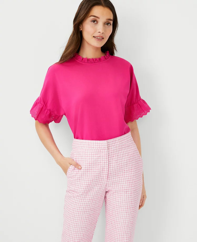 Mixed Media Eyelet Ruffle Trim Top | Ann Taylor (US)