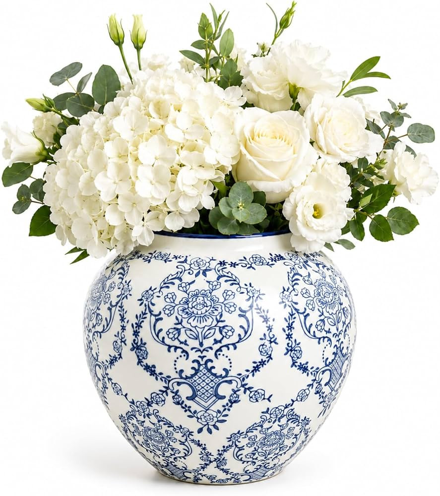 Vintage Chinoiserie Vase,5.7Inch Ceramic Farmhouse Flower Pot,Ice Cracked Hand-Painted Blue and W... | Amazon (US)
