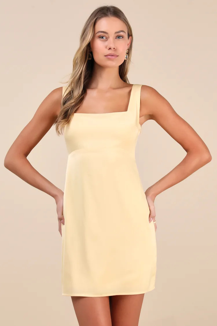 Truly the Cutest Light Yellow Satin Square Neck Mini Dress | Lulus