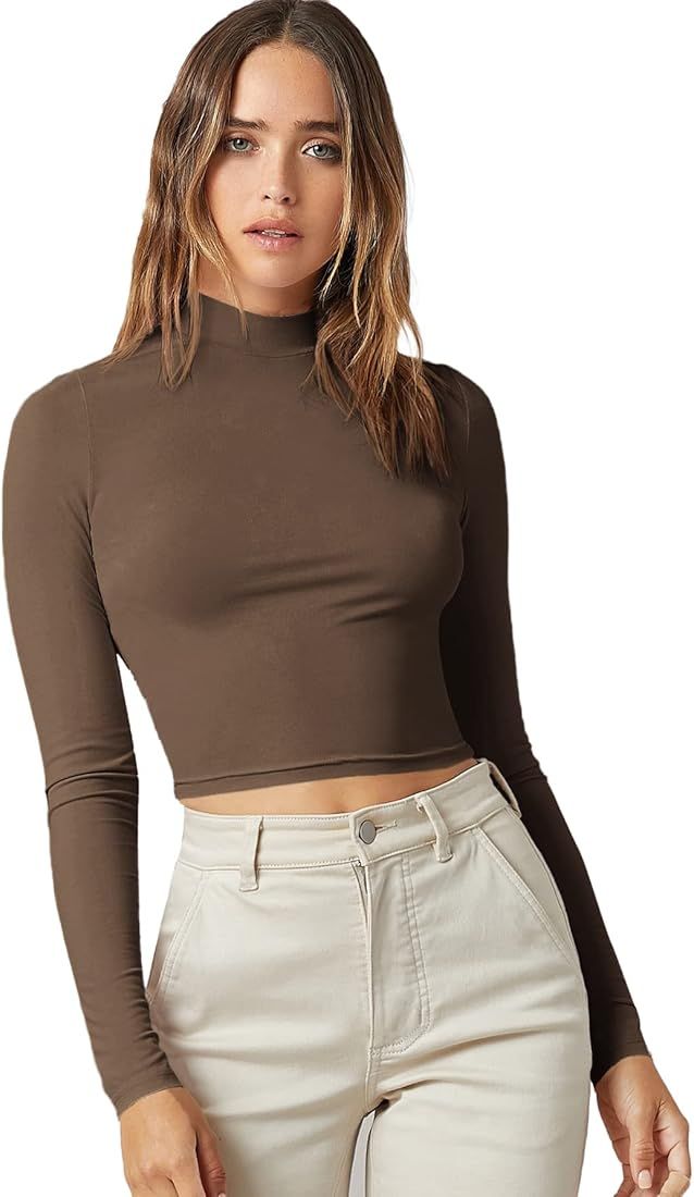 Verdusa Women's Basic Mock Neck Long Sleeve Fitted Crop T Shirt Top | Amazon (US)