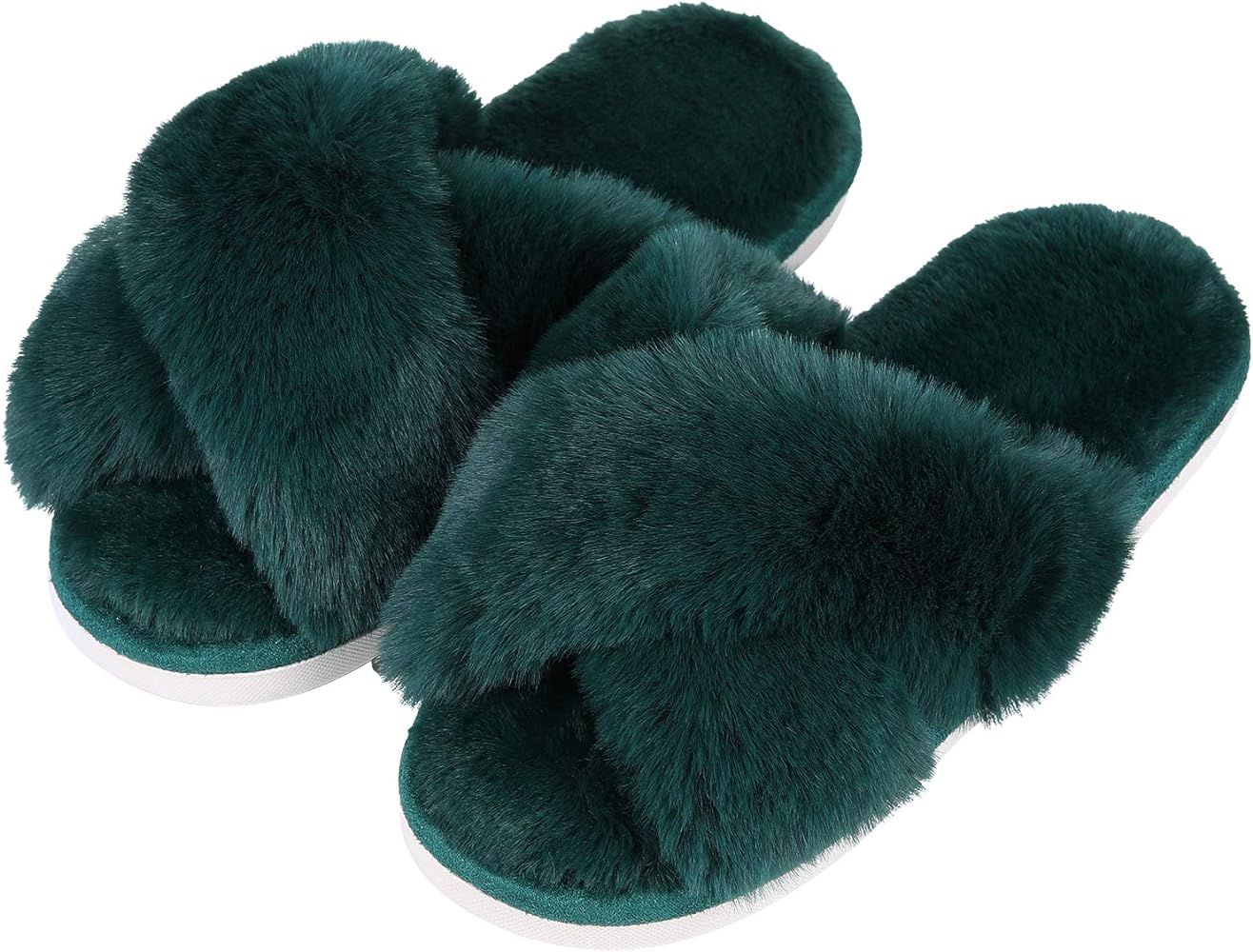 Evshine Women's Fuzzy Slippers Cross Band Memory Foam House Slippers Open Toe | Amazon (US)