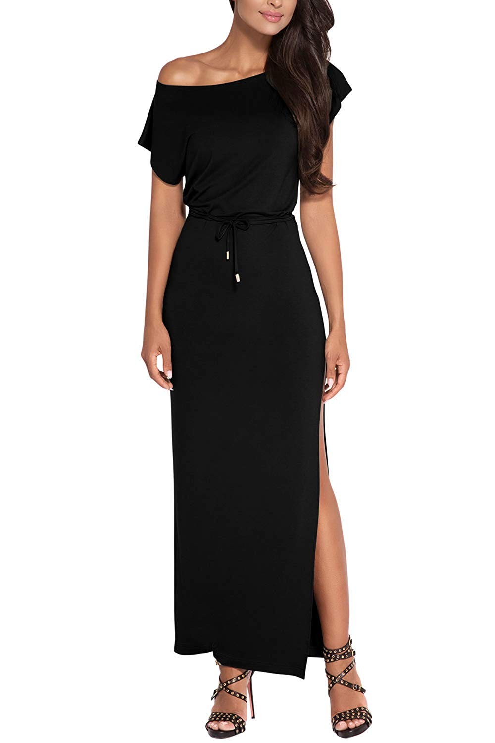 Meenew Women's Casual Short Sleeve Off Shoulder Cotton Side Slit Maxi Dress | Amazon (US)