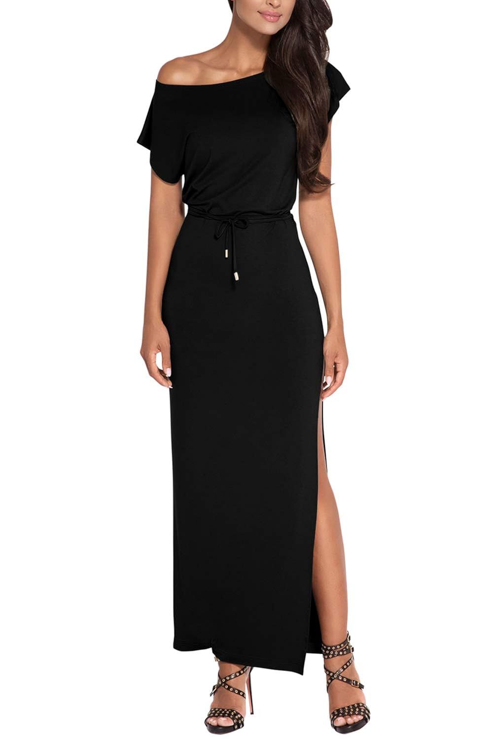 Meenew Women's Casual Short Sleeve Off Shoulder Cotton Side Slit Maxi Dress | Amazon (US)
