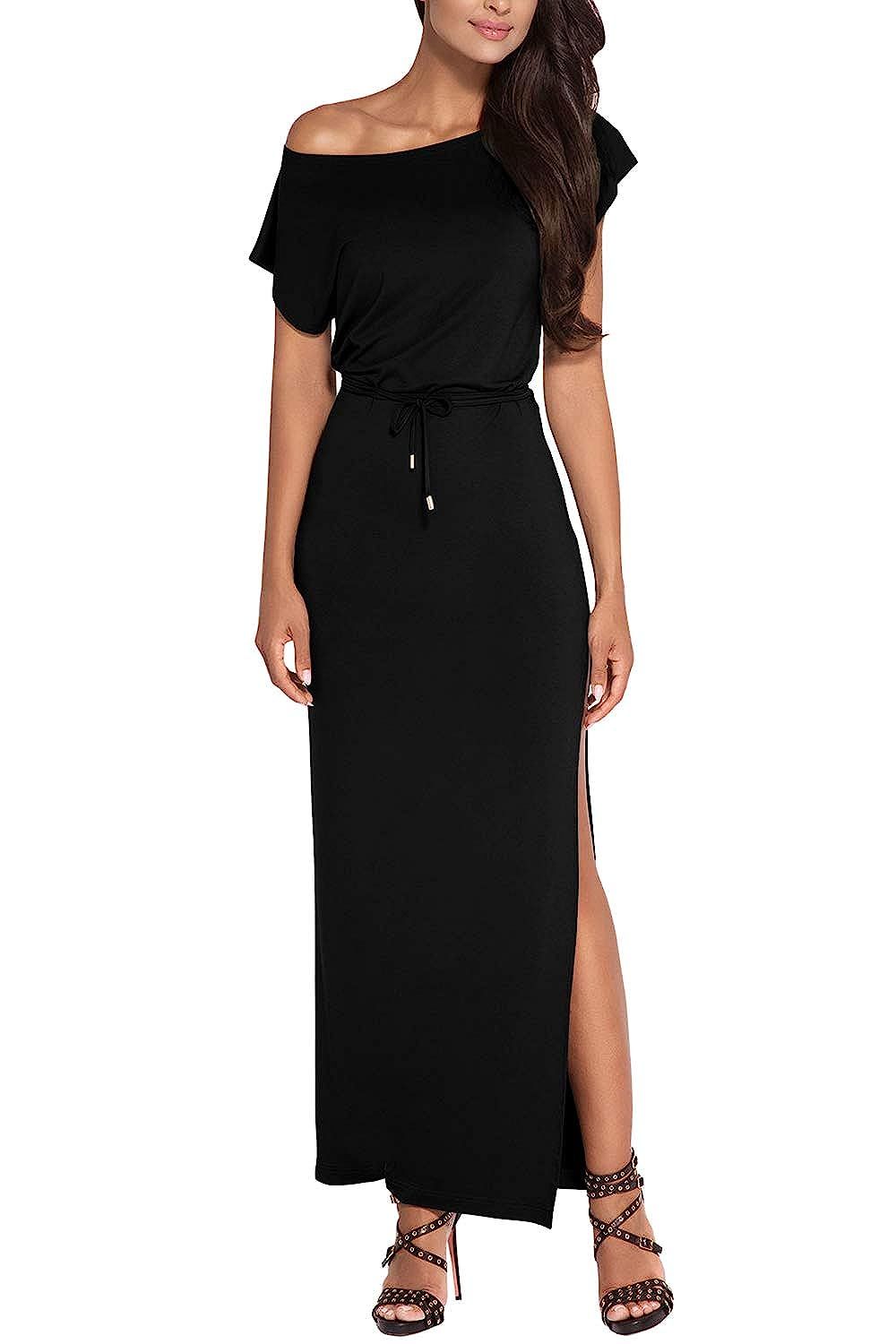 Meenew Women's Casual Short Sleeve Off Shoulder Cotton Side Slit Maxi Dress | Amazon (US)