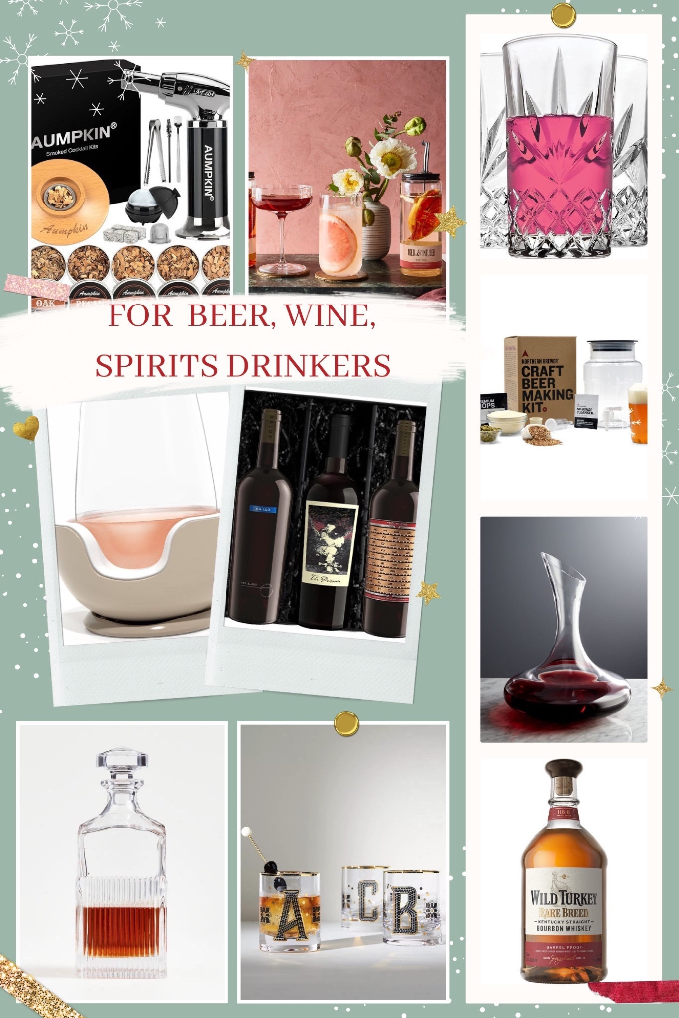Adult beverage gift guide for beer, wine, & spirits lovers! Decanters, wine chillers, drink smoker kit, spirit infusion kits, beer making kit, bistro barware glasses, etched highball glasses, Wild Turkey bourbon, The Prisoner wine gift box.

#LTKGiftGuide #LTKHoliday #LTKCyberWeek