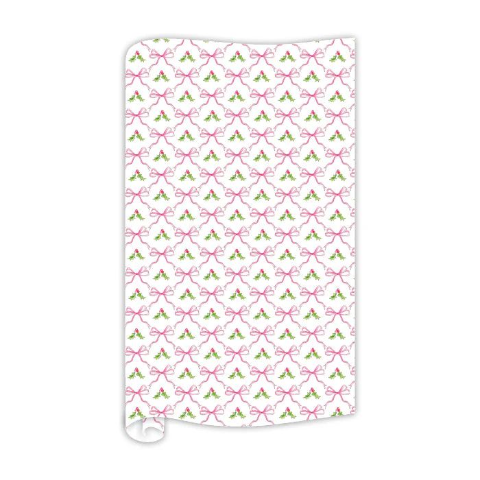 Pink Holly and Bows Pattern Wrapping Paper | Rosanne Beck Collections