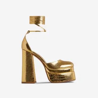 Nola Lace Up Square Closed Toe Statement Platform Block Heel In Gold Croc Print Patent | EGO Shoes (US & Canada)