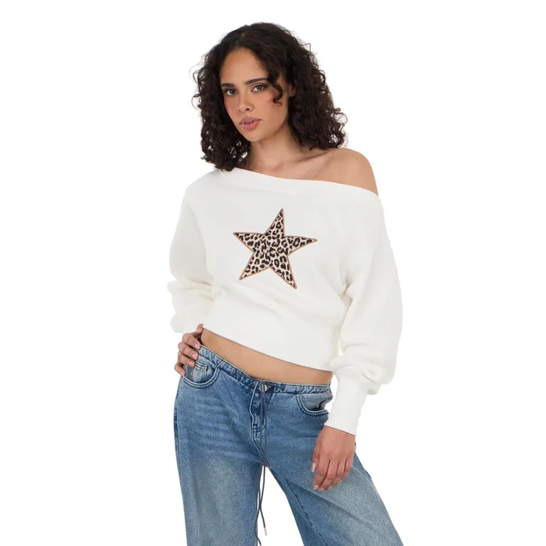 Forever 21 Women's Ivory Off-the-Shoulder Sweatshirt, Leopard Print Star Embroidered Print for Ca... | Walmart (US)