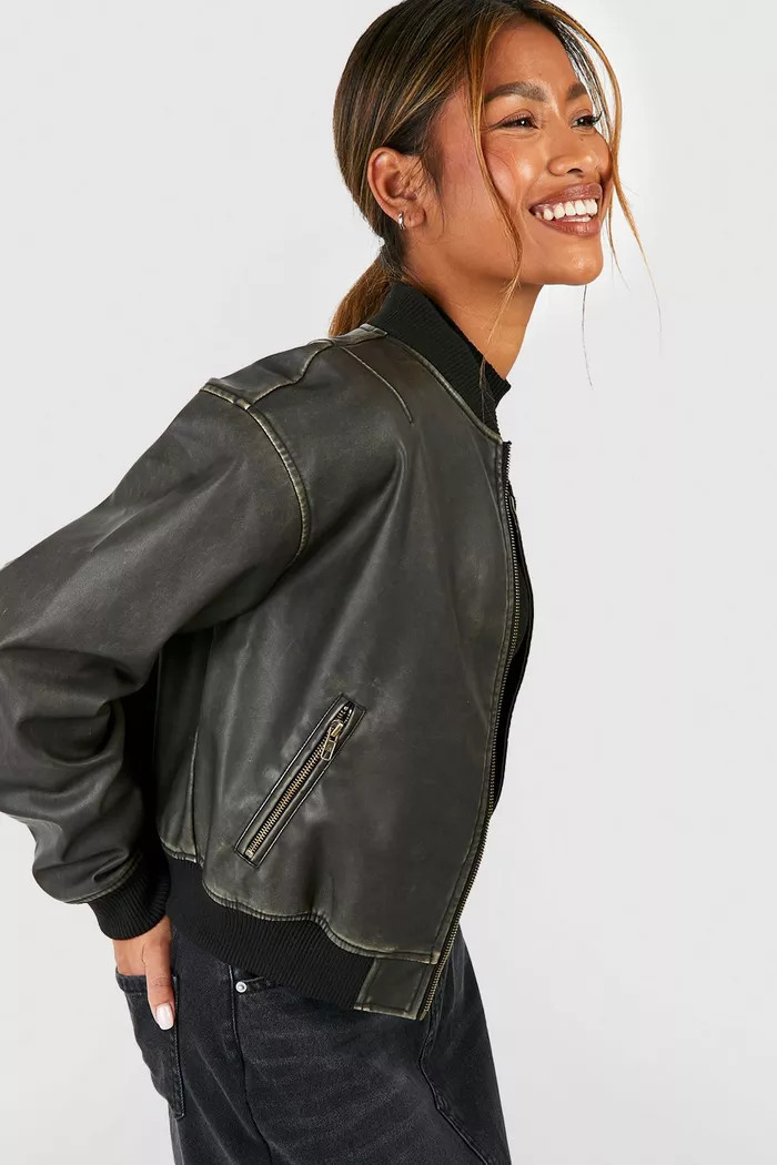 Vintage Look Faux Leather Oversized Cropped Bomber Jacket | boohoo (US & Canada)
