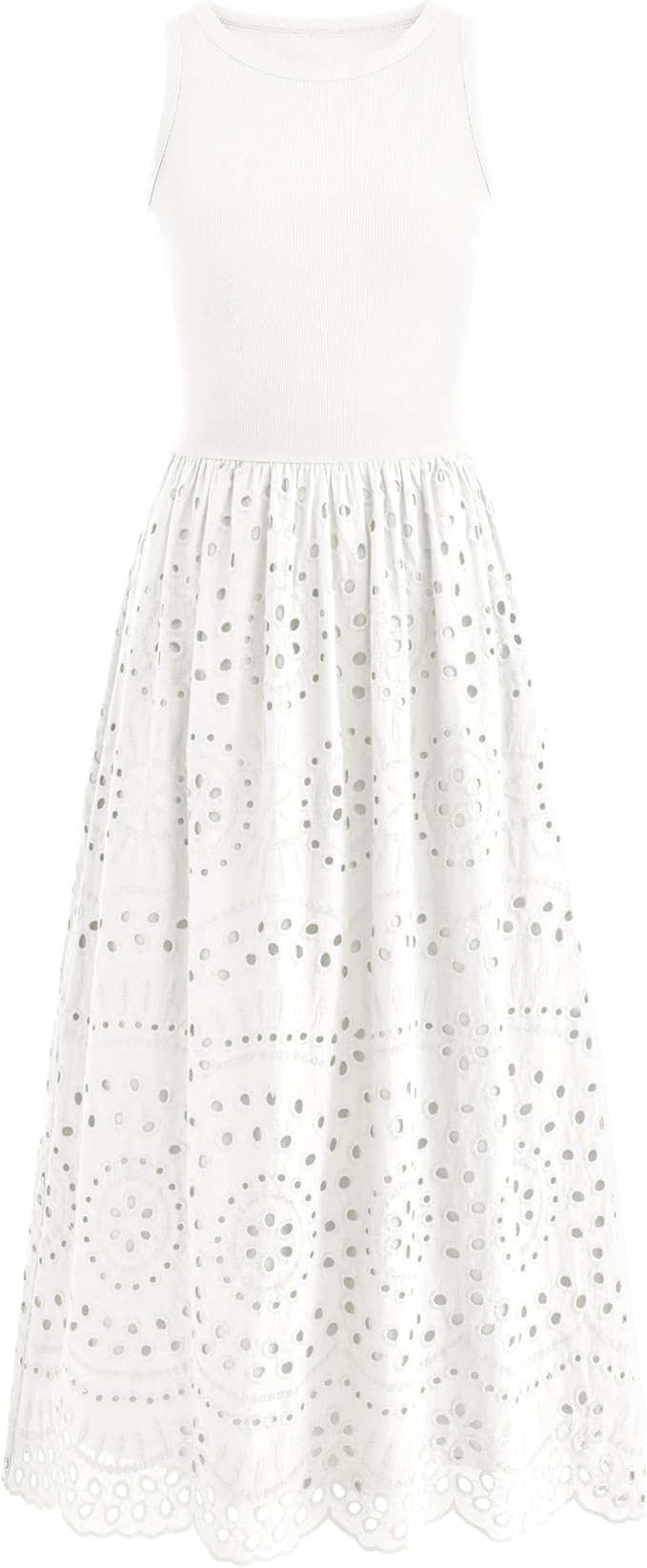 dowerme Women Summer Dresses 2026 Casual Sleeveless Crewneck A-Line Boho Lace Eyelet Cotton Tank ... | Amazon (US)