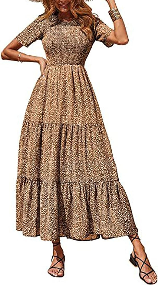 Lumister Womens Floral Print Casual Long Dress Crew Neck Short Sleeve Ruffle Tiered A-Line Maxi D... | Amazon (US)