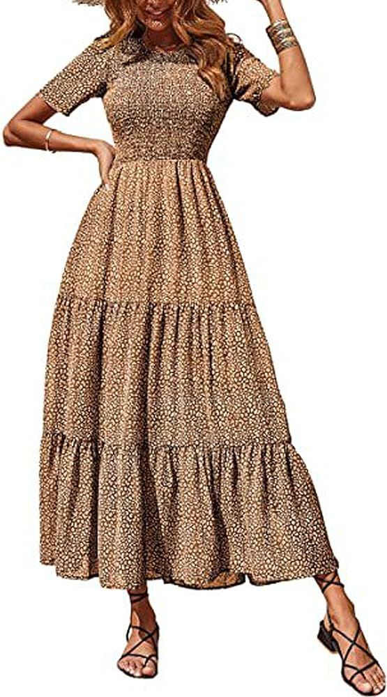 Lumister Womens Floral Print Casual Long Dress Crew Neck Short Sleeve Ruffle Tiered A-Line Maxi D... | Amazon (US)