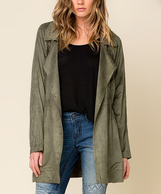 Miss Me Women's Trench Coats OLIVE - Olive Green Drape-Front Suede Trench Coat - Women | Zulily